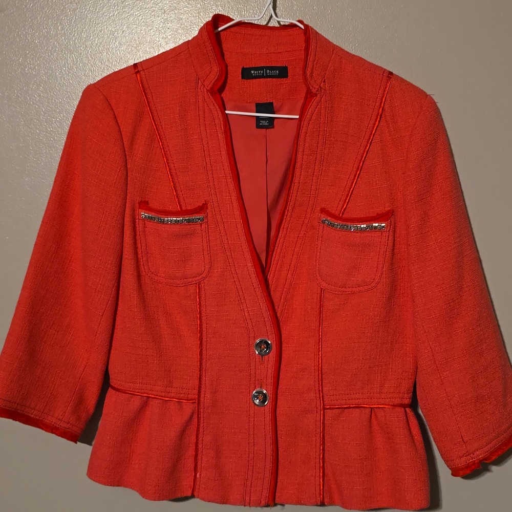 White House Black Market Coral Tweed Peplum Cropped Lined Jacket Size 8